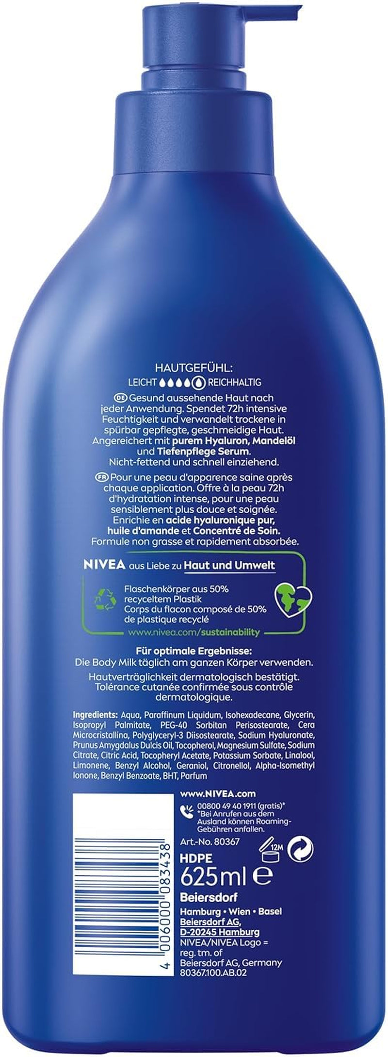 NIVEA Reichhaltige Body Milk, Intensiv Pflegende Körpercreme Mit Purem Hyaluron, Mandelöl Und Tiefenpflege Serum, Lotion Für Trockene Haut (625 Ml)