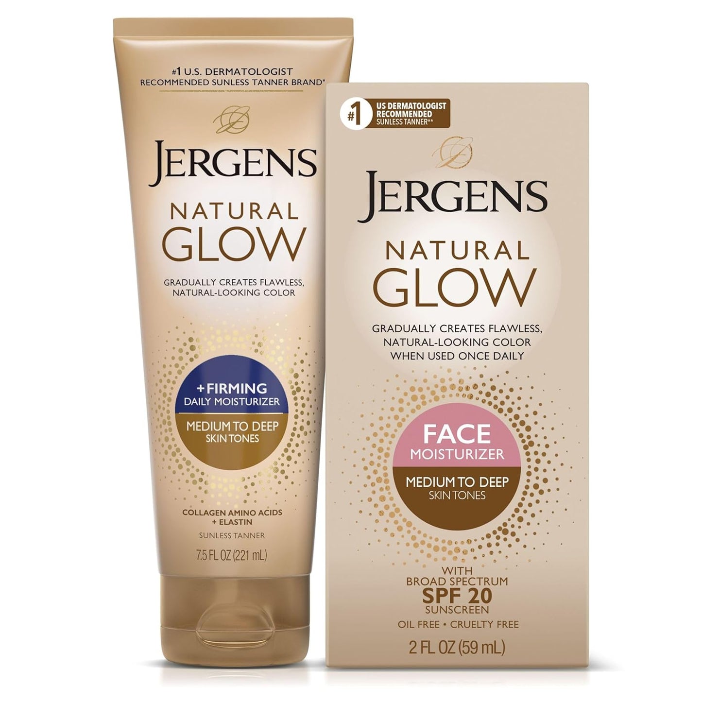 Jergens Natural Glow +Firming Self Tanner Body Lotion, Medium to Deep Skin Tone, Sunless Tanning Moisturizer with Collagen and Elastin, Helps to Visibly Reduce Cellulite, 7.5 Oz, Pack of 2