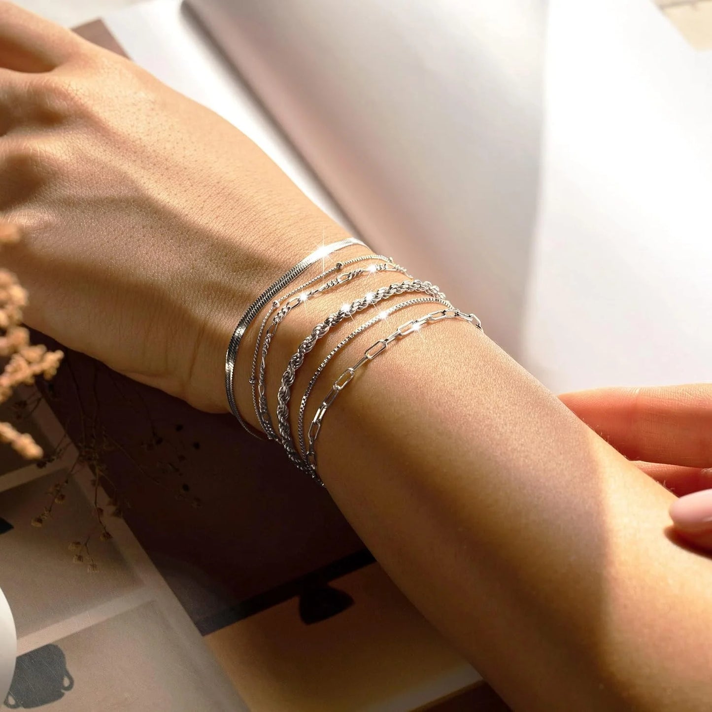 Dainty Silver Bracelets for Women Trendy, 925 Sterling Silver Jewelry Set for Women Bracelets for Women Paperclip Box Herringbone Figaro Rope Chain Bracelet Fashion Pack Gifts for Women Girls