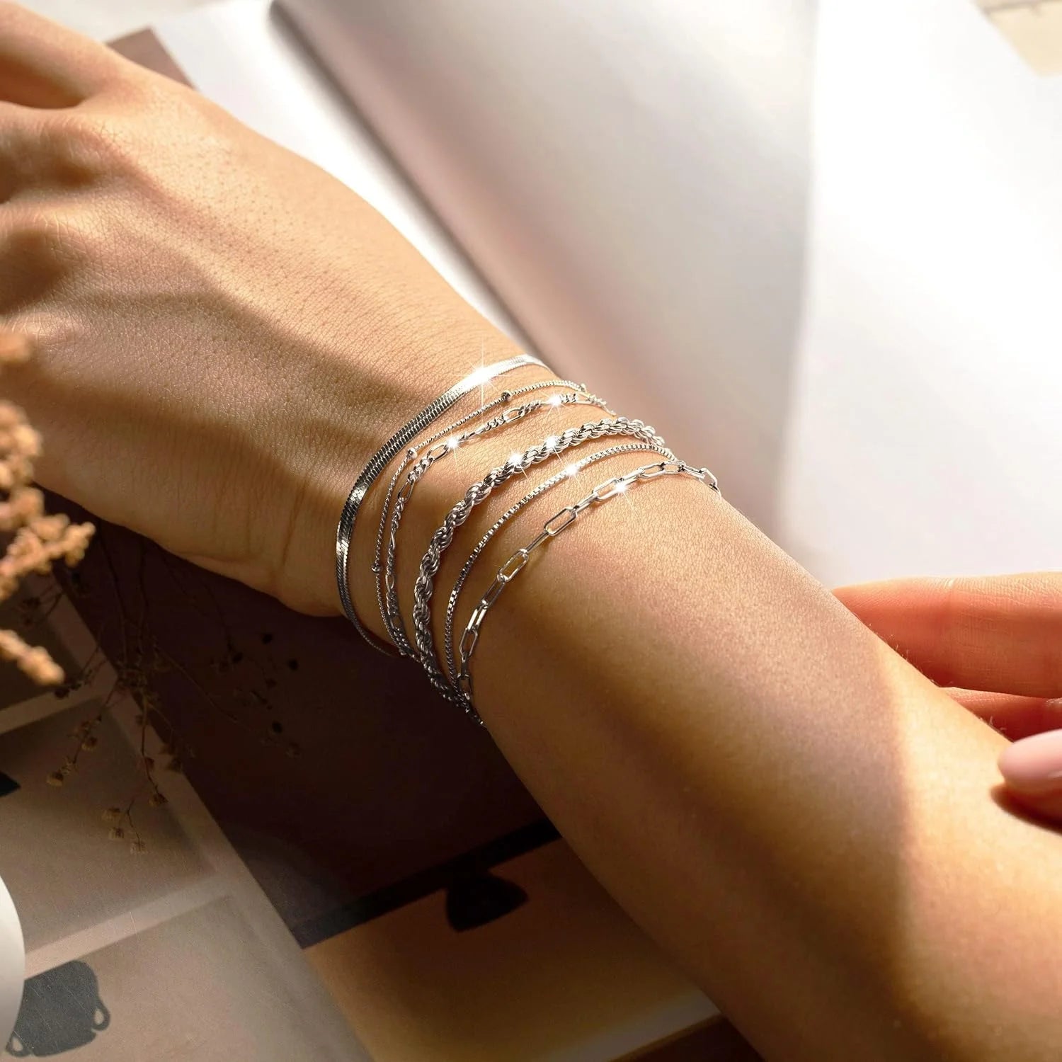 Dainty Silver Bracelets for Women Trendy, 925 Sterling Silver Jewelry Set for Women Bracelets for Women Paperclip Box Herringbone Figaro Rope Chain Bracelet Fashion Pack Gifts for Women Girls