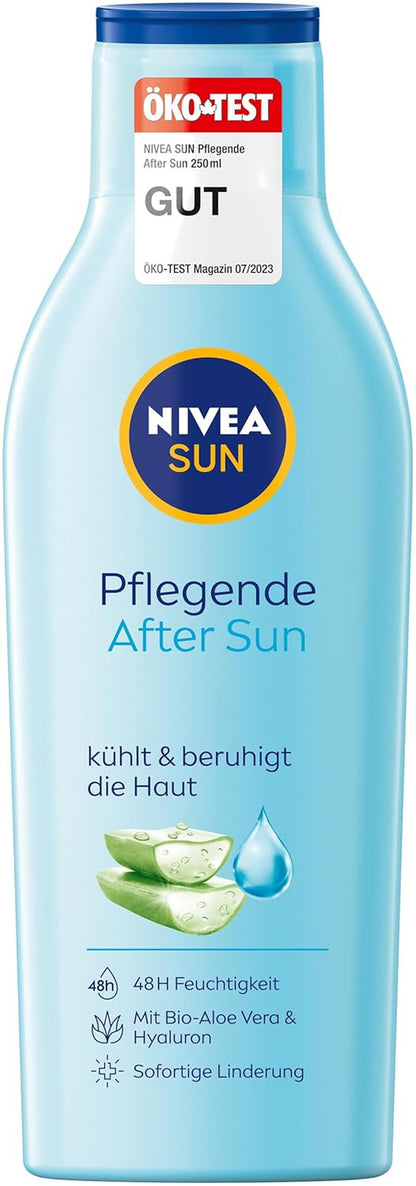 NIVEA SUN Pflegende after Sun Lotion (250 Ml), Lotion Mit Hautberuhigender Wirkung Nach Dem Sonnenbad, after Sun Mit Bio-Aloe Vera Und Hyaluron Für 48H Feuchtigkeit