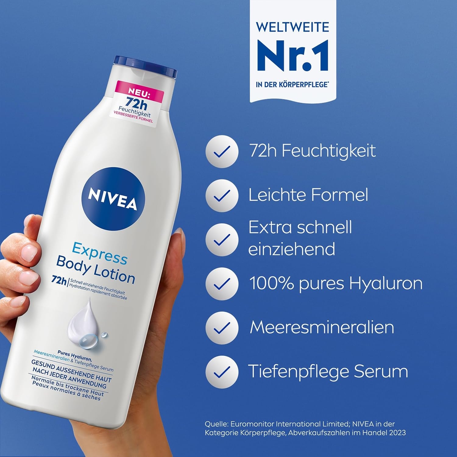 NIVEA Express Body Lotion, Extra Schnell Einziehende Körperlotion, Körpercreme Mit Purem Hyaluron, Meeresmineralien Und NIVEA Tiefenpflege Serum (400 Ml)