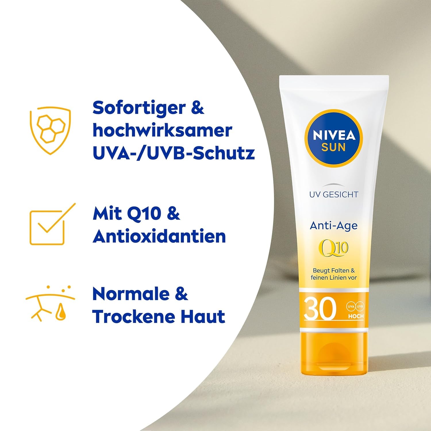NIVEA SUN UV Gesicht Q10 Anti-Age Sonnenschutz Mit LSF 30 (50 Ml), Feuchtigkeitsspendende Gesichtssonnencreme, Anti-Falten Sonnencreme Mit Schutz Vor Uva/Uvb-Strahlen