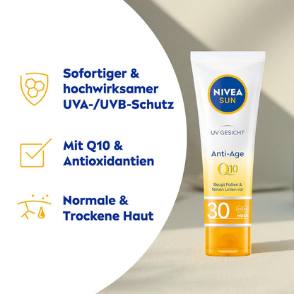 NIVEA SUN UV Gesicht Q10 Anti-Age Sonnenschutz Mit LSF 30 (50 Ml), Feuchtigkeitsspendende Gesichtssonnencreme, Anti-Falten Sonnencreme Mit Schutz Vor Uva/Uvb-Strahlen