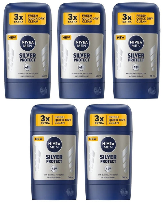 5X Nivea Silver Protect Anti-Perspirant Deodorant Solid Stick for Men 5X50Ml (Pack of 5)