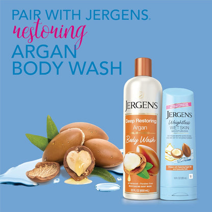 Jergens Wet Skin Body Moisturizer with Restoring Argan Oil, 10 Ounces, 4X Healthier Looking Skin, Fast-Absorbing, Non-Greasy, Dermatologist Tested (Pack of 4) (Packaging May Vary)