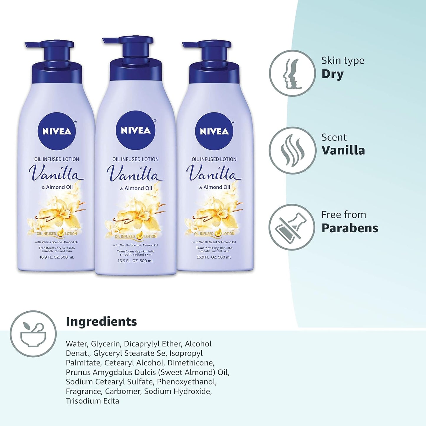 NIVEA Oil Infused Vanilla and Almond Oil Body Lotion for Women, Fast-Absorbing and Non-Greasy Vanilla Scented Lotion Moisturizes for 48 Hours, 16.9 Fl Oz Pump Bottle, Pack of 3