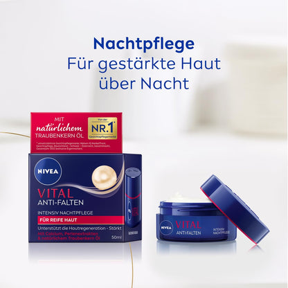 NIVEA VITAL Anti-Falten Intensiv Nachtpflege Für Reife Haut, Gesichtspflege Mit Calcium, Perlenextrakten & Natürlichem Traubenkern Öl, Nachtcreme Zur Unterstützung Der Hautregeneration (50 Ml)