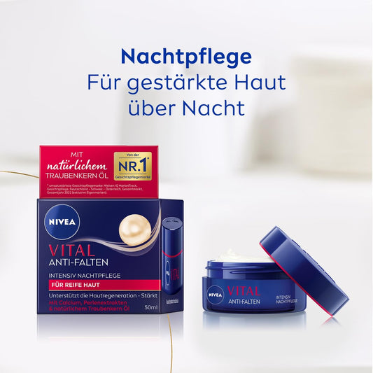NIVEA VITAL Anti-Falten Intensiv Nachtpflege Für Reife Haut, Gesichtspflege Mit Calcium, Perlenextrakten & Natürlichem Traubenkern Öl, Nachtcreme Zur Unterstützung Der Hautregeneration (50 Ml)