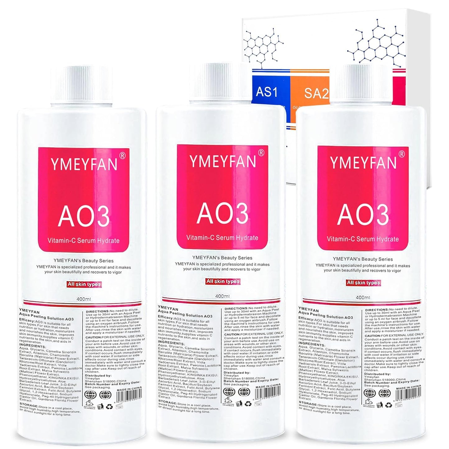 Hydrate Face Solution AO3 for Facial Machine Professional, AS1 SA2 AO3 Aqua Peeling Solution Hydrate Serums for Facial Cleansing, Face Skin Care, Hydrating, Exfoliate (400Ml/3Pcs)