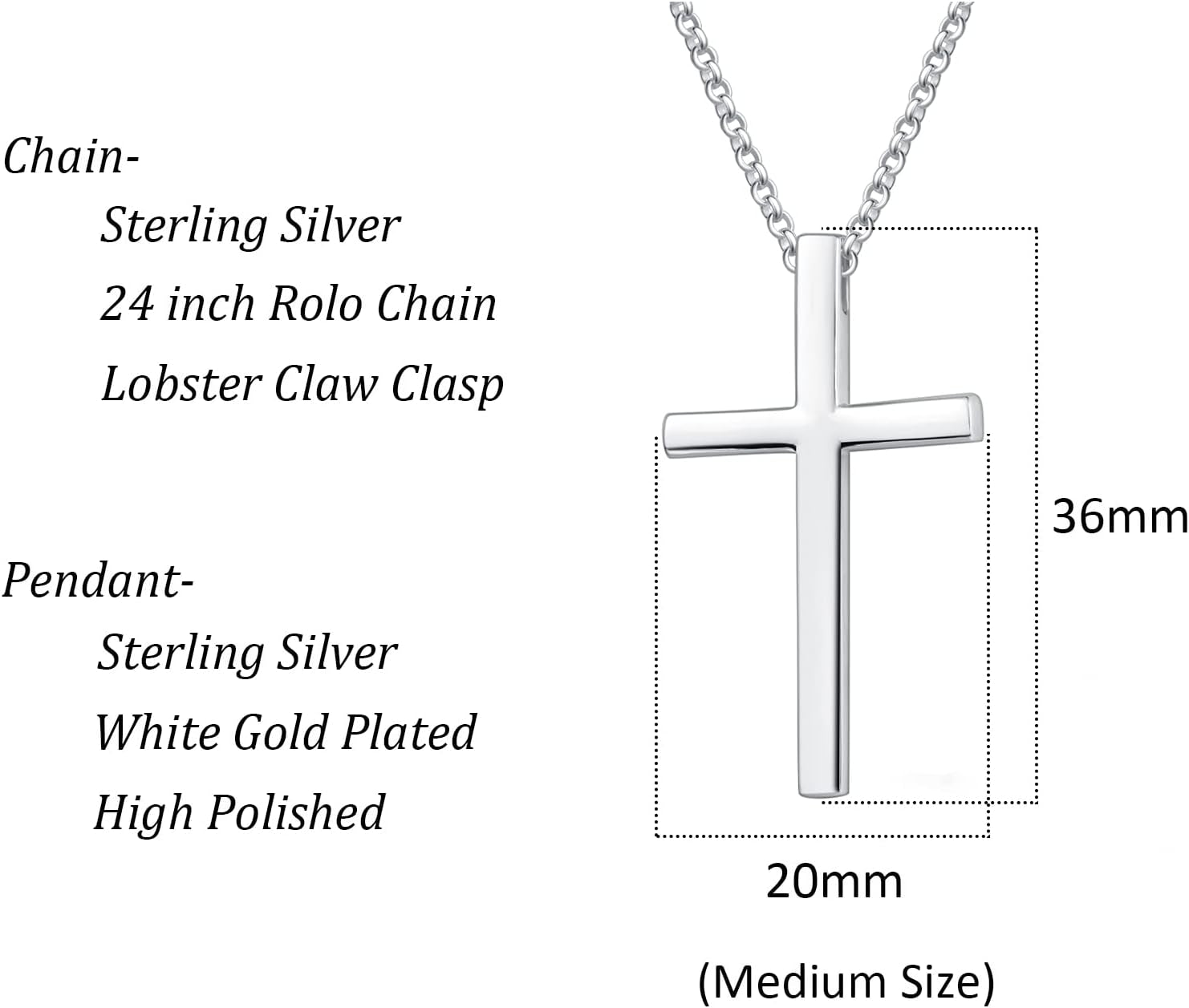 Carleen White Gold Plated Solid Sterling Silver Large Mens Classic Cross Pendant Necklace Faithful Jewelry Gifts for Mens Boys Son, 24 Inch Rolo Chain Lobster Clasp