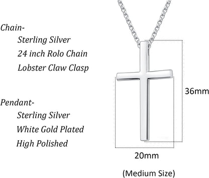 Carleen White Gold Plated Solid Sterling Silver Large Mens Classic Cross Pendant Necklace Faithful Jewelry Gifts for Mens Boys Son, 24 Inch Rolo Chain Lobster Clasp