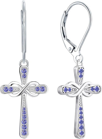 YL Cross Earrings 925 Sterling Silver Infinity Dangle Drop Earrings Birthstone Criss Leverback Jewelry