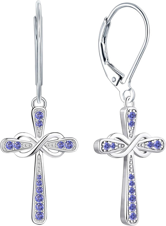 YL Cross Earrings 925 Sterling Silver Infinity Dangle Drop Earrings Birthstone Criss Leverback Jewelry