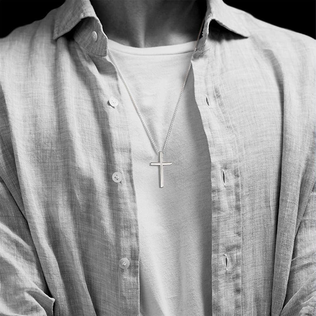 Carleen White Gold Plated Solid Sterling Silver Large Mens Classic Cross Pendant Necklace Faithful Jewelry Gifts for Mens Boys Son, 24 Inch Rolo Chain Lobster Clasp