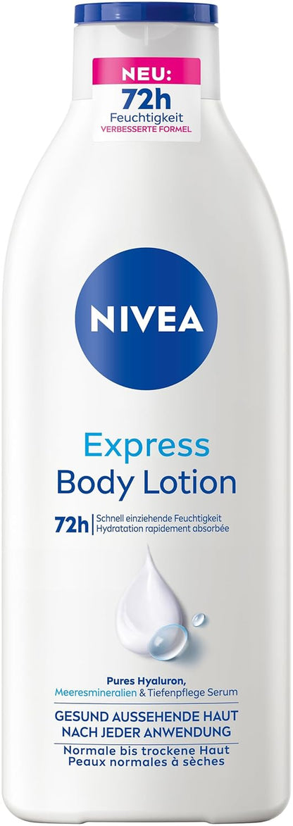 NIVEA Express Body Lotion, Extra Schnell Einziehende Körperlotion, Körpercreme Mit Purem Hyaluron, Meeresmineralien Und NIVEA Tiefenpflege Serum (400 Ml)
