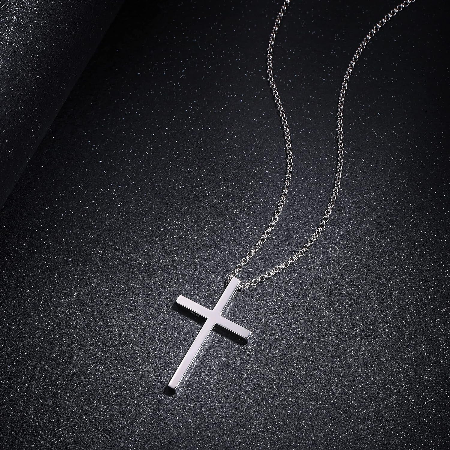 Carleen White Gold Plated Solid Sterling Silver Large Mens Classic Cross Pendant Necklace Faithful Jewelry Gifts for Mens Boys Son, 24 Inch Rolo Chain Lobster Clasp