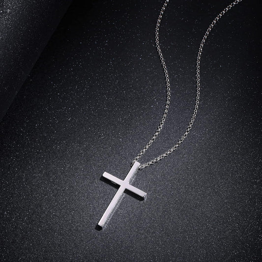 Carleen White Gold Plated Solid Sterling Silver Large Mens Classic Cross Pendant Necklace Faithful Jewelry Gifts for Mens Boys Son, 24 Inch Rolo Chain Lobster Clasp