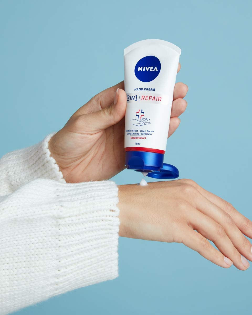 NIVEA 3In1 Repair Hand Creme (75 Ml), Reichhaltige Hautcreme Mit Dexpanthenol Für Intensive Pflege, Handpflege Bei Sehr Trockenen Und Rissigen Händen
