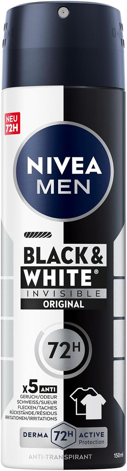 NIVEA MEN Black & White Invisible Deo Spray, Anti-Transpirant Mit Anti-Flecken-Formel, Mit 72H Anti-Transpirant-Schutz Und NIVEA MEN Pflegekomplex (150 Ml)