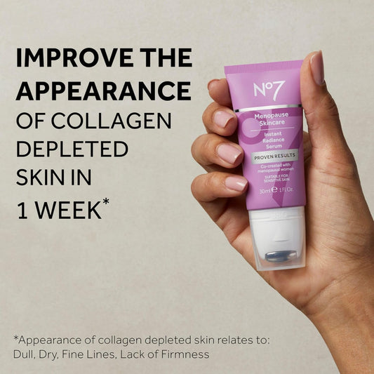 No7 Menopause Skincare Instant Radiance Serum – Hydrating Facial Serum with Hyaluronic Acid + Collagen Peptides for Firmer, Healthier Looking Skin – with Cooling Applicator (30Ml)