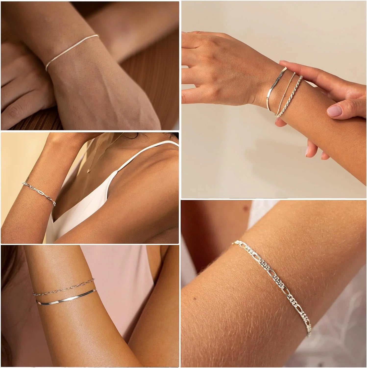 Dainty Silver Bracelets for Women Trendy, 925 Sterling Silver Jewelry Set for Women Bracelets for Women Paperclip Box Herringbone Figaro Rope Chain Bracelet Fashion Pack Gifts for Women Girls