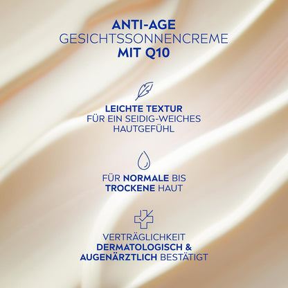 NIVEA SUN UV Gesicht Q10 Anti-Age Sonnenschutz Mit LSF 30 (50 Ml), Feuchtigkeitsspendende Gesichtssonnencreme, Anti-Falten Sonnencreme Mit Schutz Vor Uva/Uvb-Strahlen