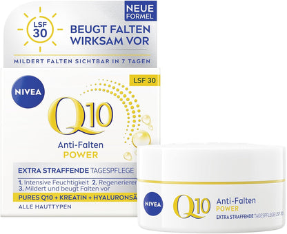 NIVEA Anti-Falten POWER Q10 Extra Straffende Tagespflege LSF 30, Gesichtspflege Mildert & Beugt Falten Vor, Straffende Tagescreme Mit Purem Q10, Kreatin & Hyaluronsäure (50 Ml)