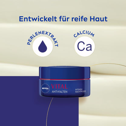 NIVEA VITAL Anti-Falten Intensiv Nachtpflege Für Reife Haut, Gesichtspflege Mit Calcium, Perlenextrakten & Natürlichem Traubenkern Öl, Nachtcreme Zur Unterstützung Der Hautregeneration (50 Ml)