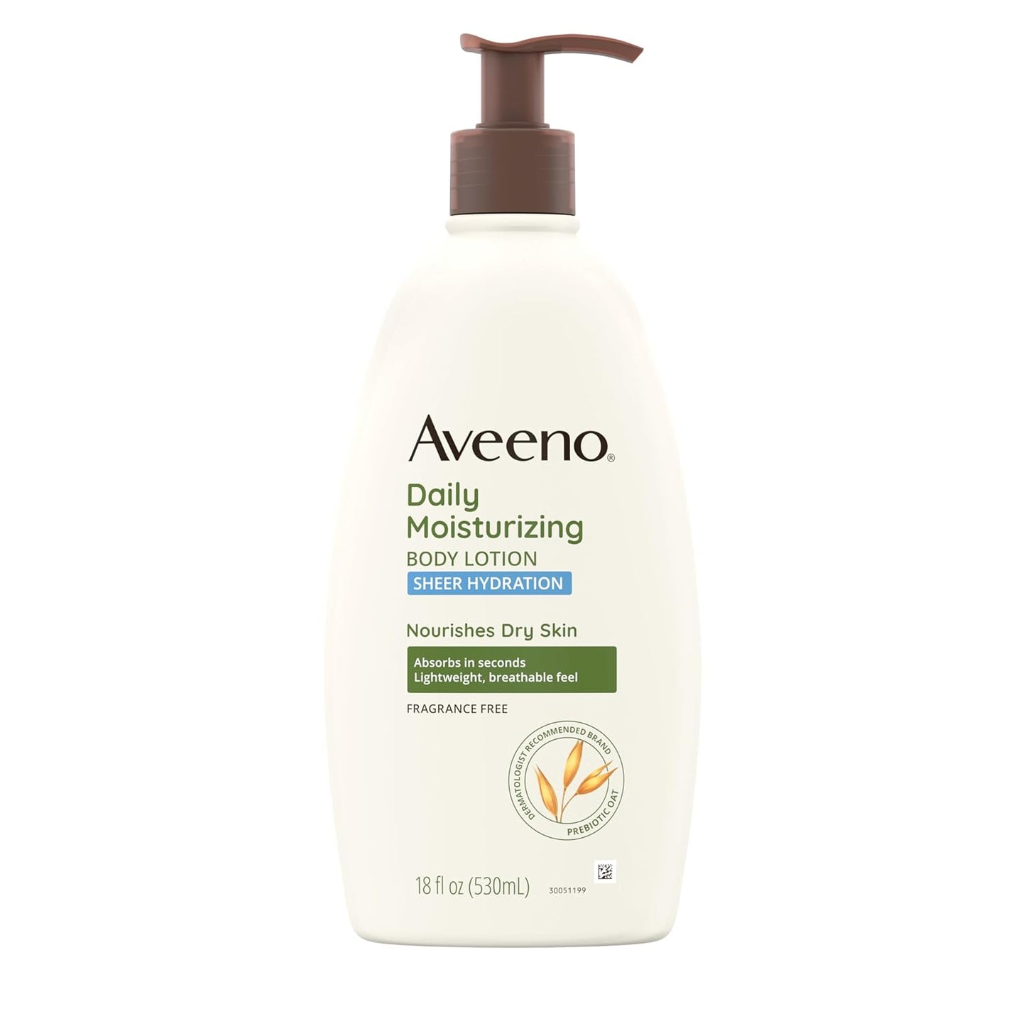 Aveeno Sheer Hydration Daily Moisturizing Fragrance-Free Lotion with Nourishing Prebiotic Oat, Fast-Absorbing Body Moisturizer for Dry Skin with Lightweight, Breathable Feel, 18 Fl. Oz