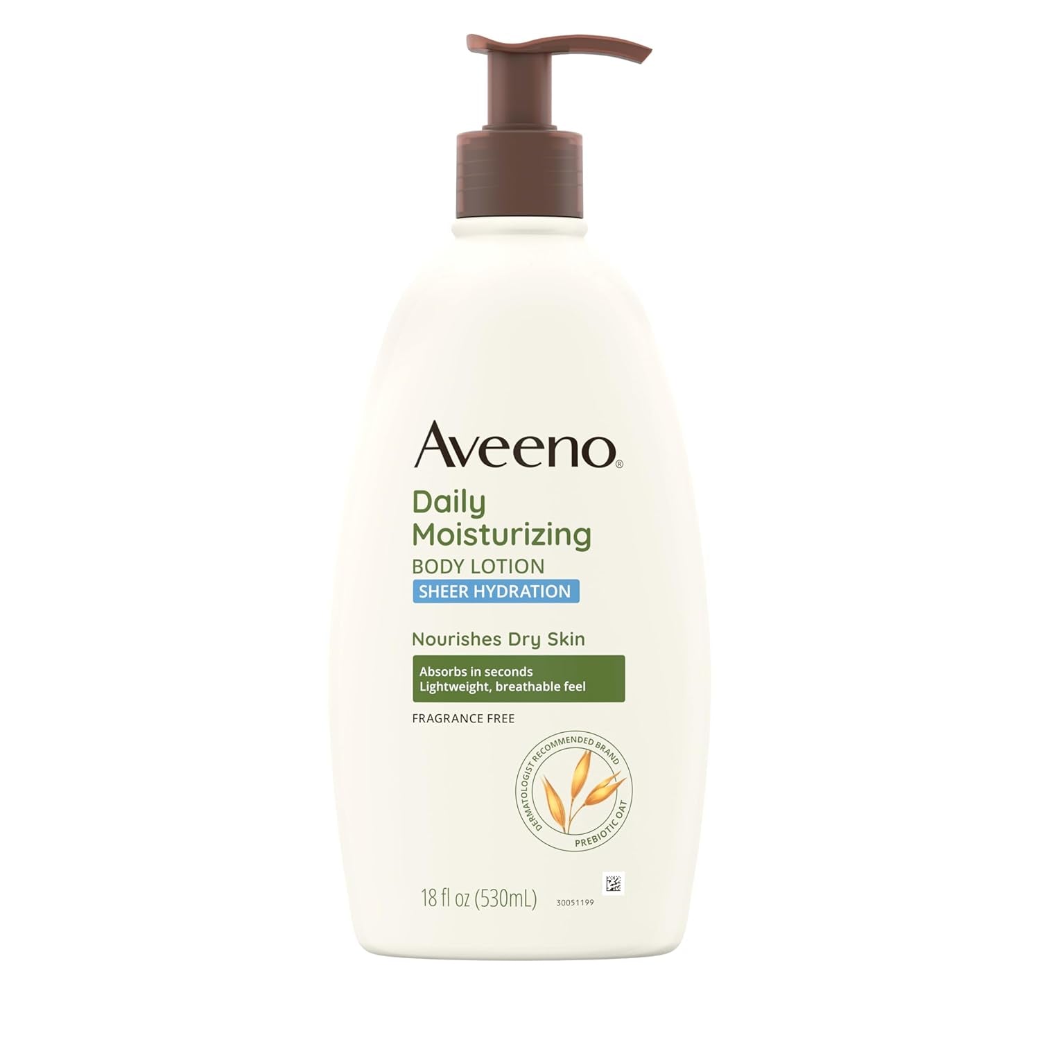 Aveeno Sheer Hydration Daily Moisturizing Fragrance-Free Lotion with Nourishing Prebiotic Oat, Fast-Absorbing Body Moisturizer for Dry Skin with Lightweight, Breathable Feel, 18 Fl. Oz
