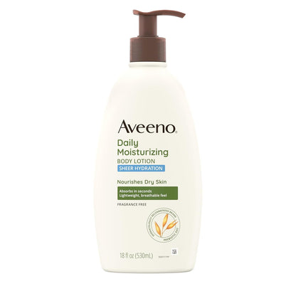 Aveeno Sheer Hydration Daily Moisturizing Fragrance-Free Lotion with Nourishing Prebiotic Oat, Fast-Absorbing Body Moisturizer for Dry Skin with Lightweight, Breathable Feel, 18 Fl. Oz