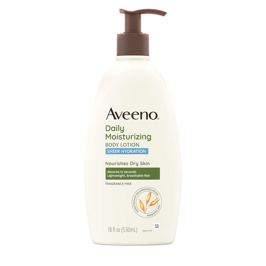 Aveeno Sheer Hydration Daily Moisturizing Fragrance-Free Lotion with Nourishing Prebiotic Oat, Fast-Absorbing Body Moisturizer for Dry Skin with Lightweight, Breathable Feel, 18 Fl. Oz