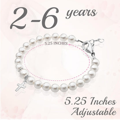 Sterling Silver Cross Charm White Pearl Bracelet for Girl Infant and Newborn Baby'S Baptism Gifts for Toddler Baby Girl or Boy Elegant Baptismal Keepsake Girls Jewelry, Birthday Gifts