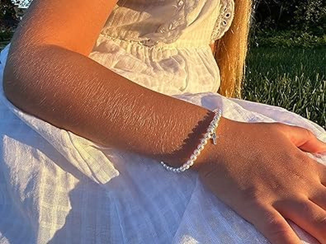 Sterling Silver Cross Charm White Pearl Bracelet for Girl Infant and Newborn Baby'S Baptism Gifts for Toddler Baby Girl or Boy Elegant Baptismal Keepsake Girls Jewelry, Birthday Gifts