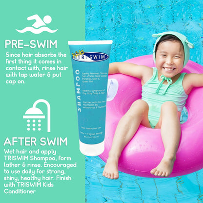 TRISWIM Kids Chlorine Removal Shampoo 8.5Oz | Removes Chlorine, Bromine, Salt Water & Hard Water Minerals | Hydrates & Nourishes with Aloe Vera, Vitamin a & Pro Vitamin B5 | Lime + Mango Scent