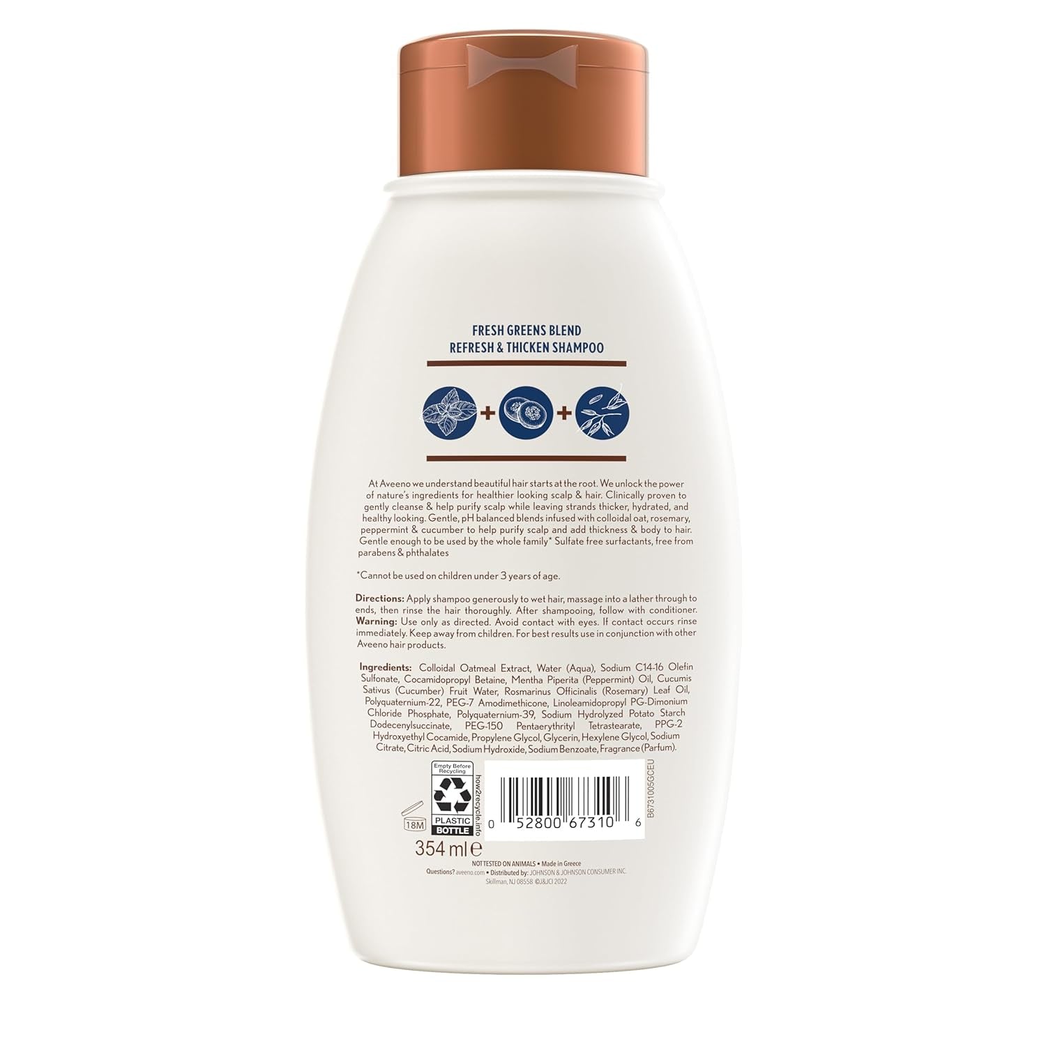 Aveeno, Fresh Greens Blend Sulfate-Free Shampoo with Rosemary, Peppermint & Cucumber to Thicken & Nourish, Clarifying & Volumizing Shampoo for Thin or Fine Hair, Paraben-Free, 12Oz