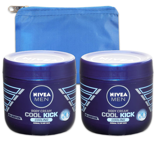 Nivea Cool Kick Body Cream 2 Pack - Bundle with 2 Nivea Body Cream Cool Kick 13.5 Oz Lotion with Travel Bag Kit | Nivea Body Lotion Set for Men