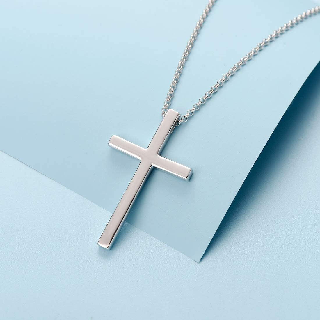 Carleen White Gold Plated Solid Sterling Silver Large Mens Classic Cross Pendant Necklace Faithful Jewelry Gifts for Mens Boys Son, 24 Inch Rolo Chain Lobster Clasp