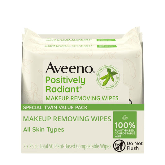 Aveeno Positively Radiant Alcohol Free Makeup Removing Face Wipes, Gentle Non-Comedogenic Facial Cleansing, 100% Plant Based Home Compostable, Sulfate Free, 50 Count (2 Packs of 25)