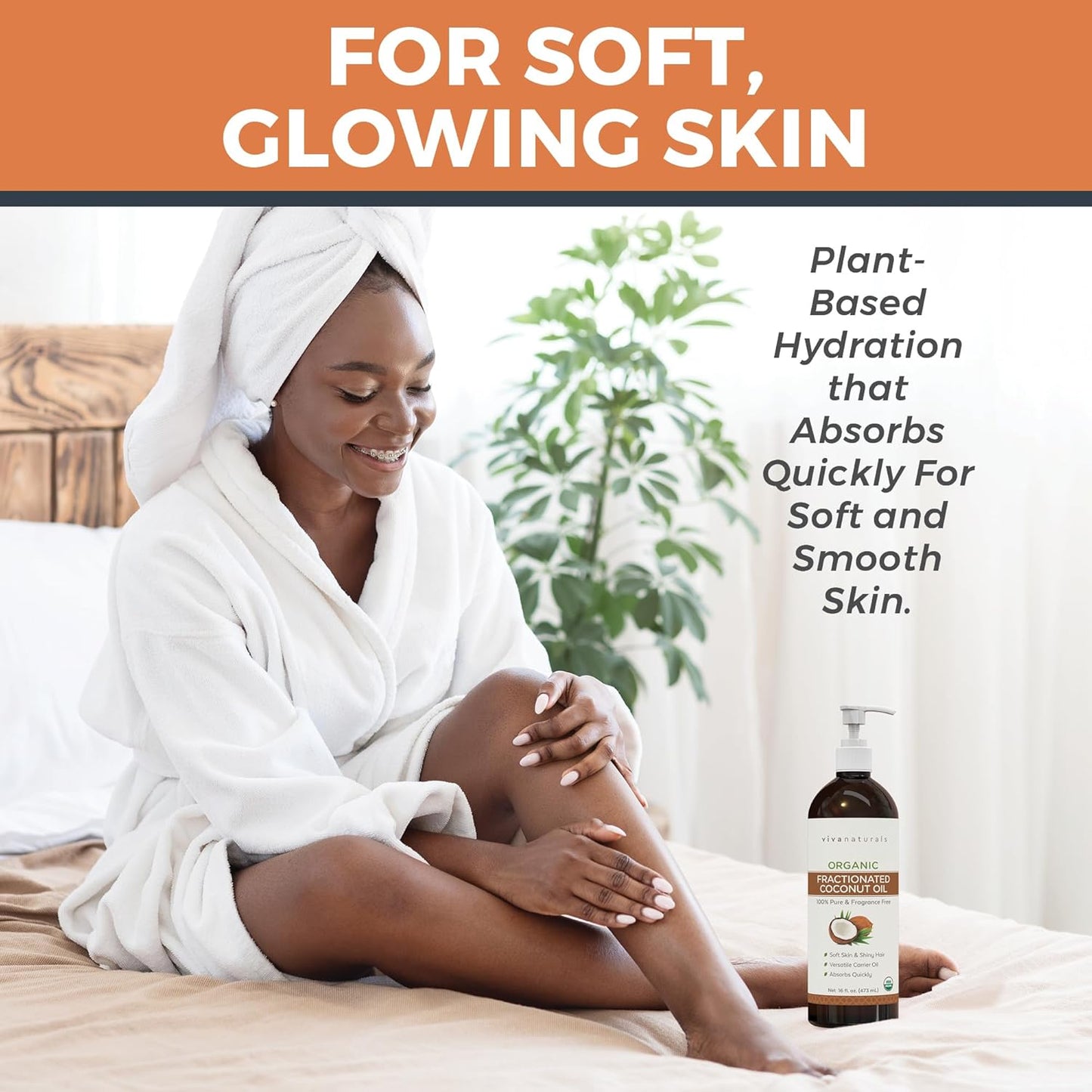 Viva Naturals Organic Fractionated Coconut Oil - Skin & Hair Moisturizer, Relaxing Massage and Body Oil, Carrier Oil for Essential Oils Mixing, Pure Non-Greasy Coconut Oil for Skin and Hair, 16 Fl Oz