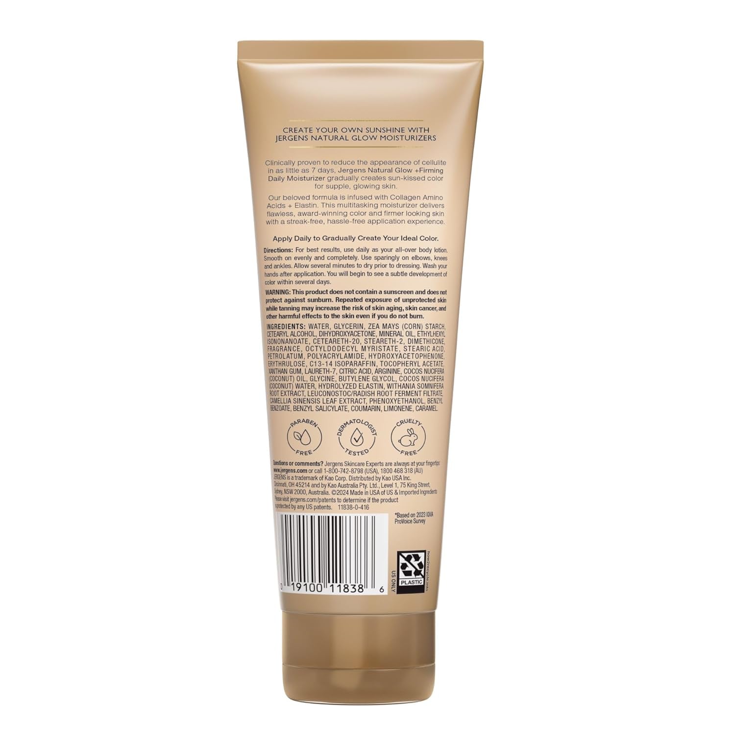 Jergens Natural Glow +Firming Self Tanner Body Lotion, Medium to Deep Skin Tone, Sunless Tanning Moisturizer with Collagen and Elastin, Helps to Visibly Reduce Cellulite, 7.5 Oz, Pack of 2