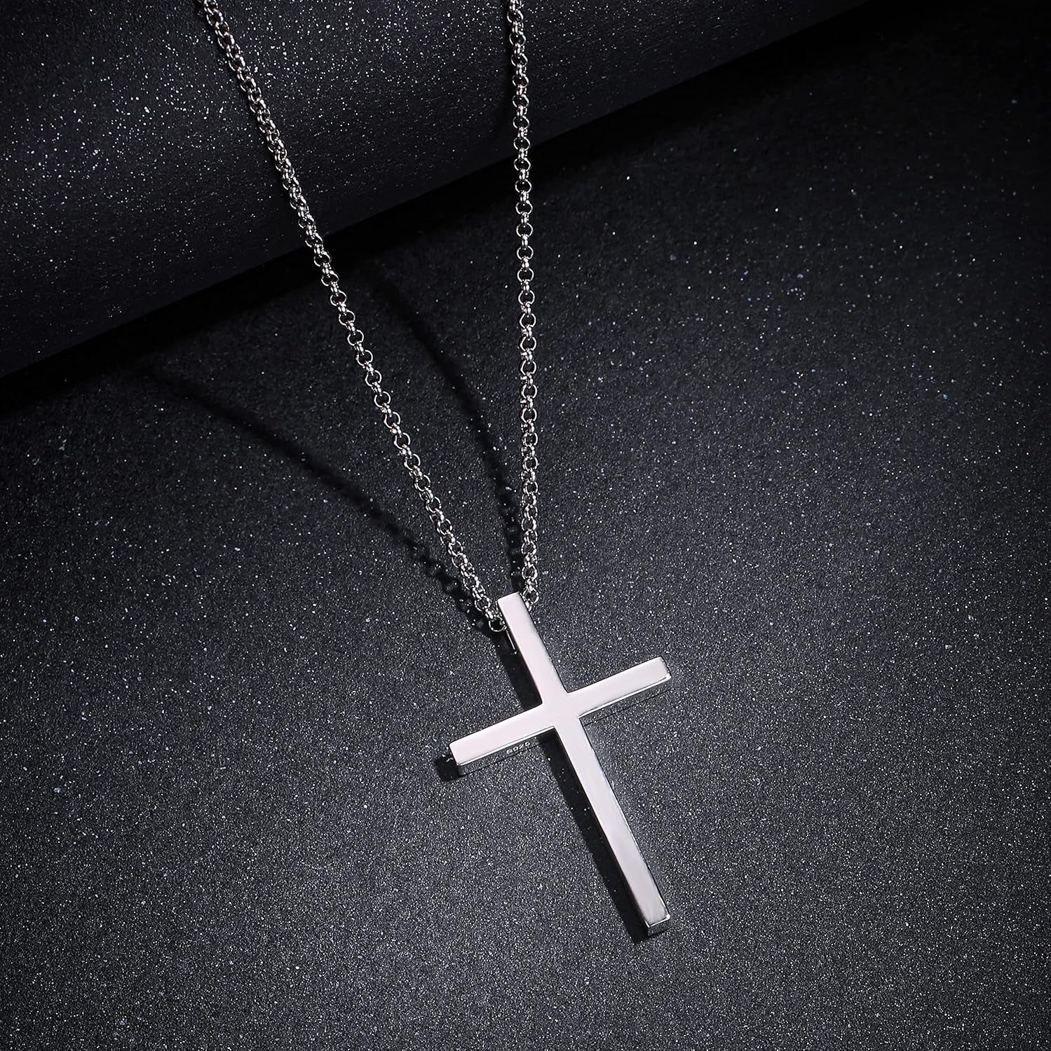 Carleen White Gold Plated Solid Sterling Silver Large Mens Classic Cross Pendant Necklace Faithful Jewelry Gifts for Mens Boys Son, 24 Inch Rolo Chain Lobster Clasp