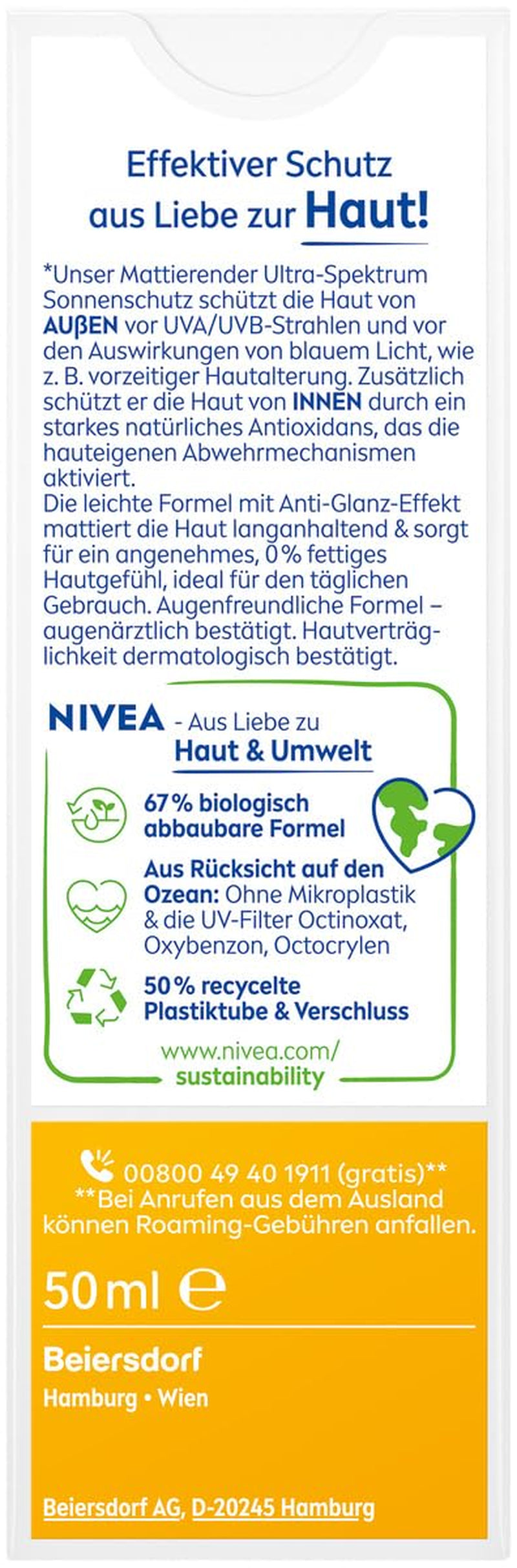 NIVEA SUN UV Gesicht Mattierender Sonnenschutz LSF 50 (50 Ml), Nicht Fettende Sonnencreme Für Das Gesicht, Sofort Wirksame Sonnenmilch Mit Leichter Textur (Packung Mit 2)