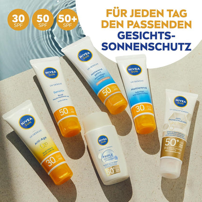 NIVEA SUN UV Gesicht Q10 Anti-Age Sonnenschutz Mit LSF 30 (50 Ml), Feuchtigkeitsspendende Gesichtssonnencreme, Anti-Falten Sonnencreme Mit Schutz Vor Uva/Uvb-Strahlen