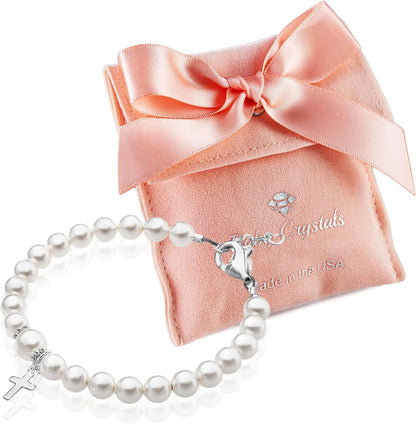 Sterling Silver Cross Charm White Pearl Bracelet for Girl Infant and Newborn Baby'S Baptism Gifts for Toddler Baby Girl or Boy Elegant Baptismal Keepsake Girls Jewelry, Birthday Gifts