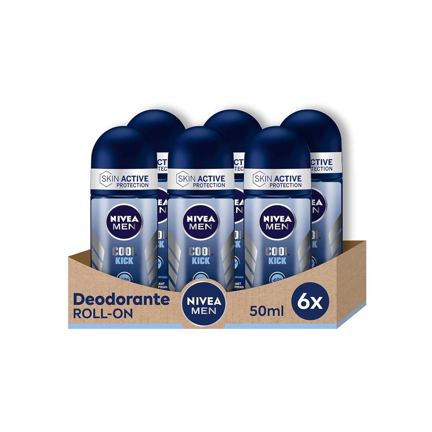 NIVEA Men Cool Kick Roll-On 6 X 50 Ml Deodorant Für Effektiven 72H Schutz Deo Roll-On Ohne Alkohol Und Hautverträglich Mit Frischem, Belebendem Duft