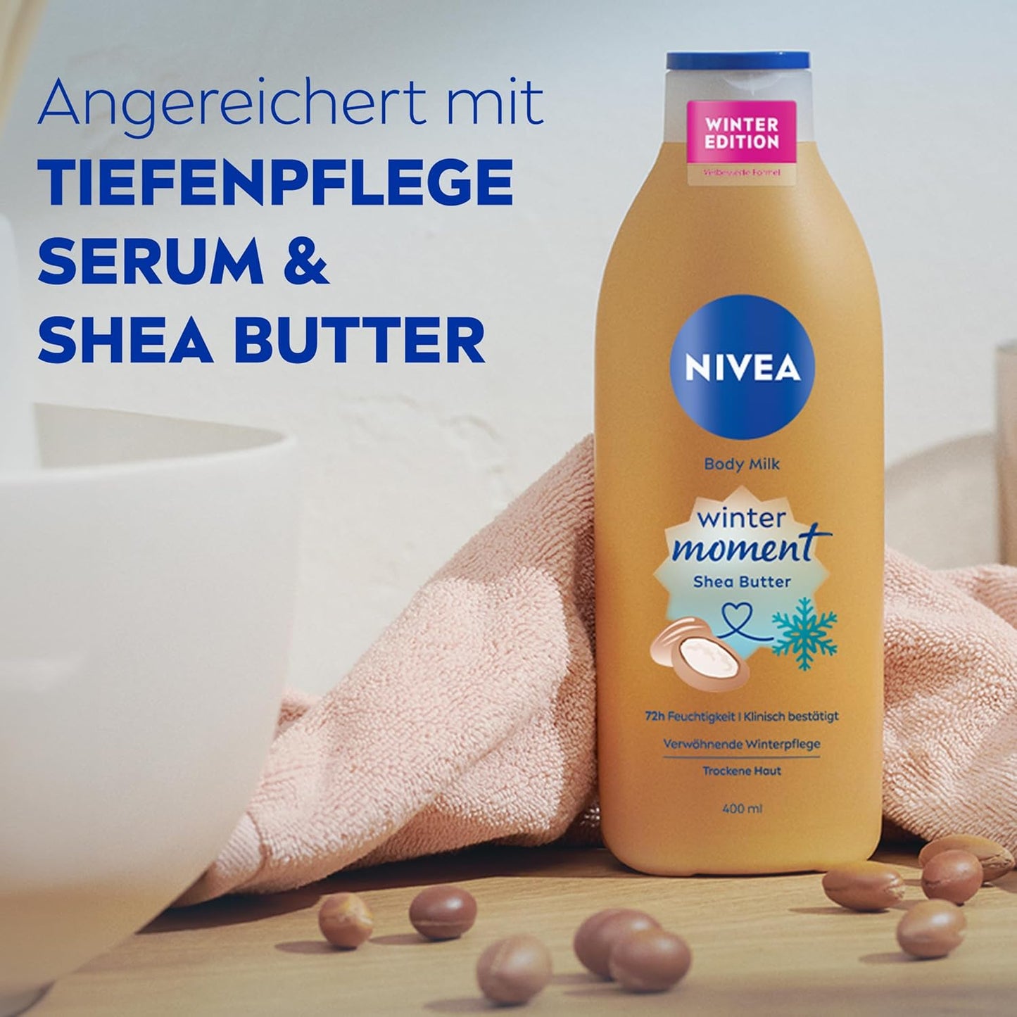 NIVEA Body Milk Winter Moment, Body Lotion Mit Tiefenpflege Serum Für 72H Feuchtigkeit, Körperlotion Mit Sheabutter Für Trockene Haut, Mit Einzigartigem Winterduft (400 Ml)