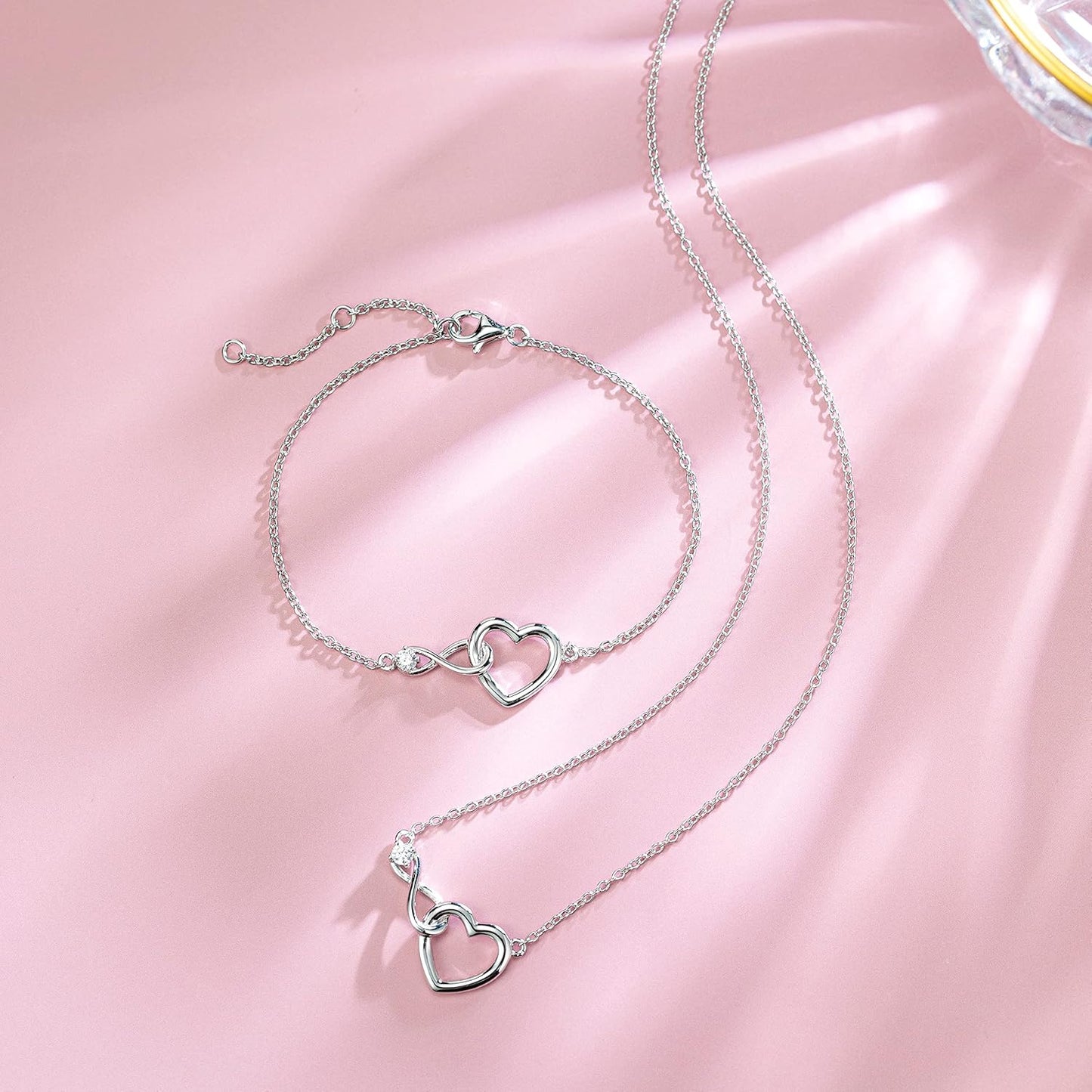 FANCIME Infinity Love Heart Necklace Bracelet 925 Sterling Sliver Gold Plated Dainty Simulated Diamond Jewelry Birthday Anniversary for Women Mom Her Wife Lady, Adjustable Chain