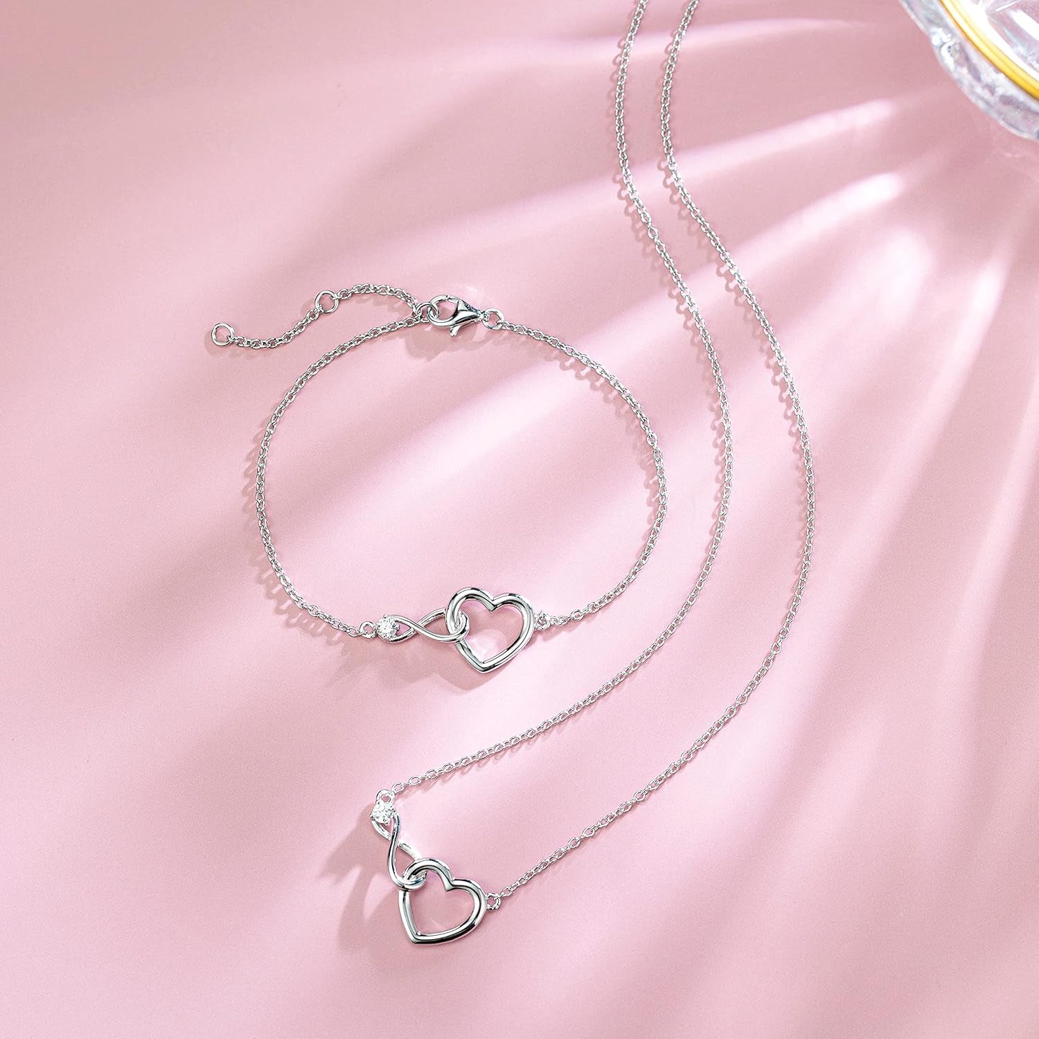 FANCIME Infinity Love Heart Necklace Bracelet 925 Sterling Sliver Gold Plated Dainty Simulated Diamond Jewelry Birthday Anniversary for Women Mom Her Wife Lady, Adjustable Chain
